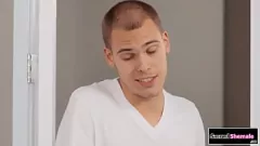 Play Angel Ducati, the stunning redhead shemale, dominates a handyman with her massive cock in an intense face-fucking session